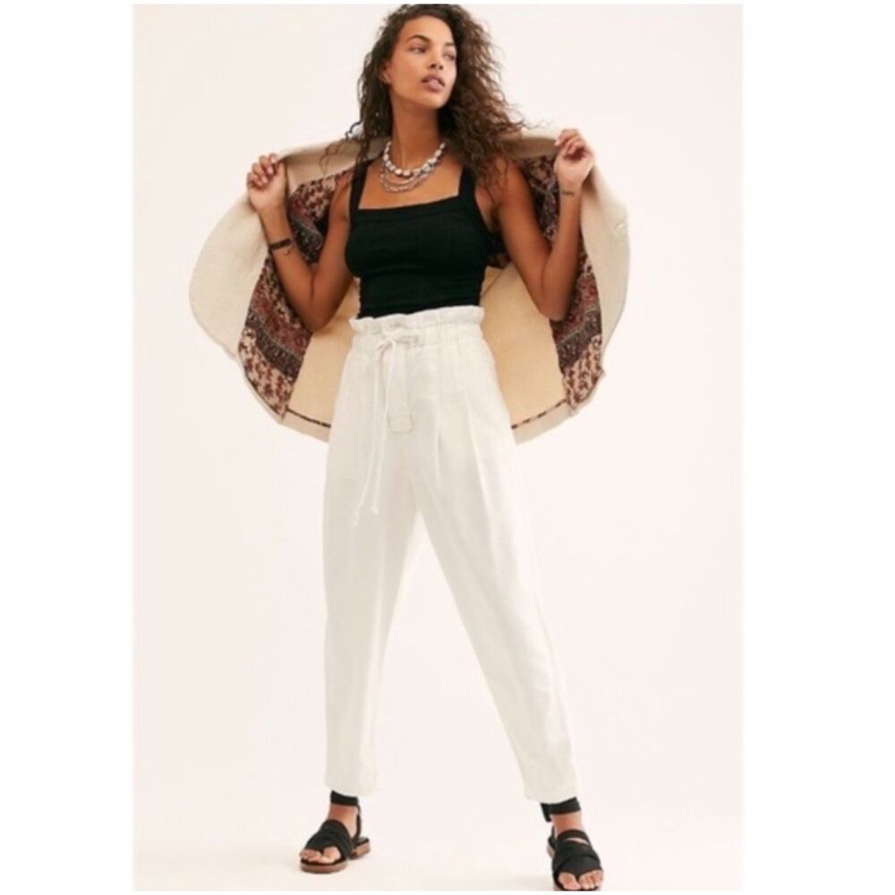 Free People Margate Paper Bag Pleated White Trouser Pants Lagenlook Boho Size S